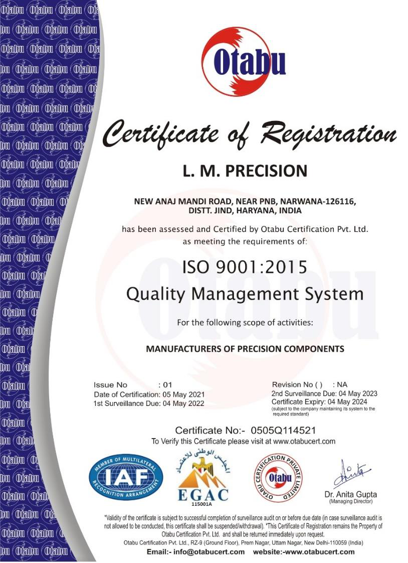 ISO 9001:2015 certificate — L. M. Precision